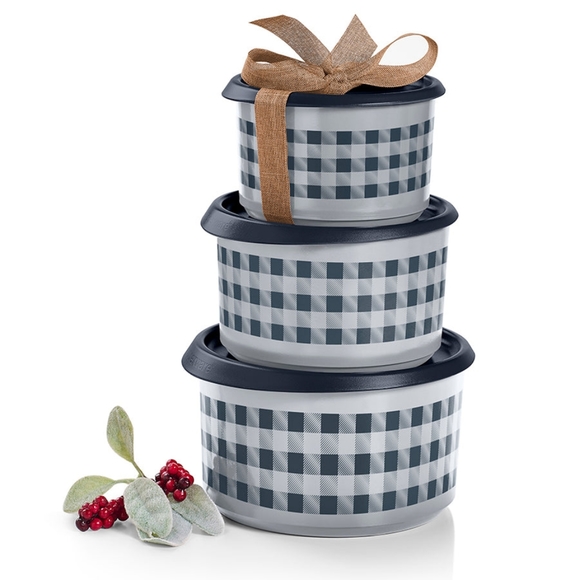 New Tupperware Buffalo Plaid stacking canisters black white gray - Picture 2 of 2